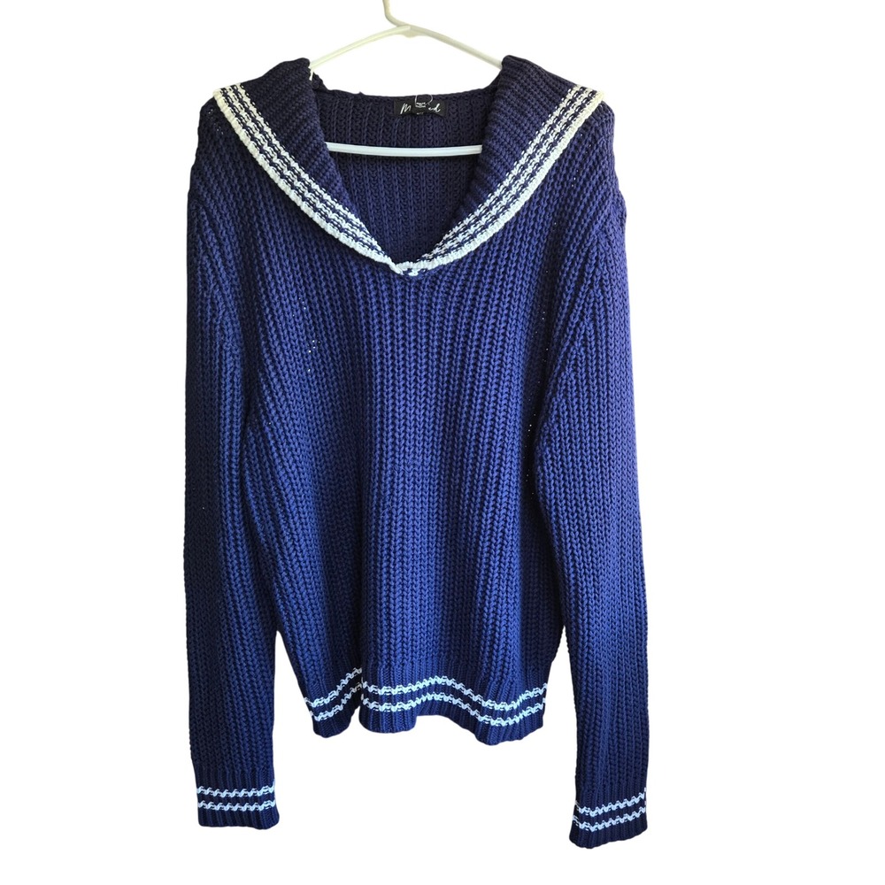 Marled Sailor Collar Sweater Womens L Blue New Anchor Shaker Knit 01718-TJMS